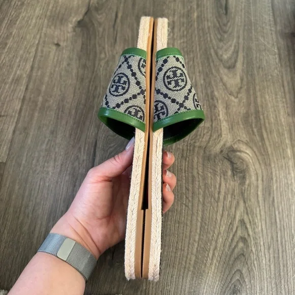 Tory Burch T monogram sandals Green and Beige Women's Slides espadrille size 8.5 - Picture 10 of 13